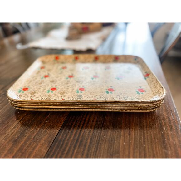 Isco Hand Painted Trays — Red & Green Floral Pattern — Made in Japan — Lot of 5 - Picture 1 of 4